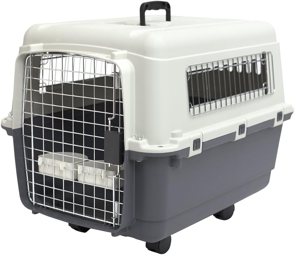 SportPet Designs Plastic Kennels Rolling Plastic Airline Approved Wire Door Travel Dog Crate, XXX-Large, Gray