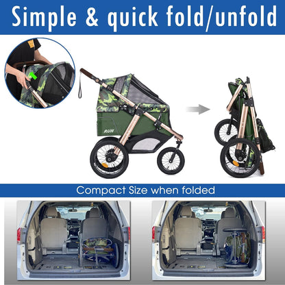Jogging Sports Stroller with Comfort Rubber Wheels/Zipper-Less Entry/1-Hand Quick Fold/Aluminum Frame for Small/Medium Dogs, Cats and Pets (Green Camo)