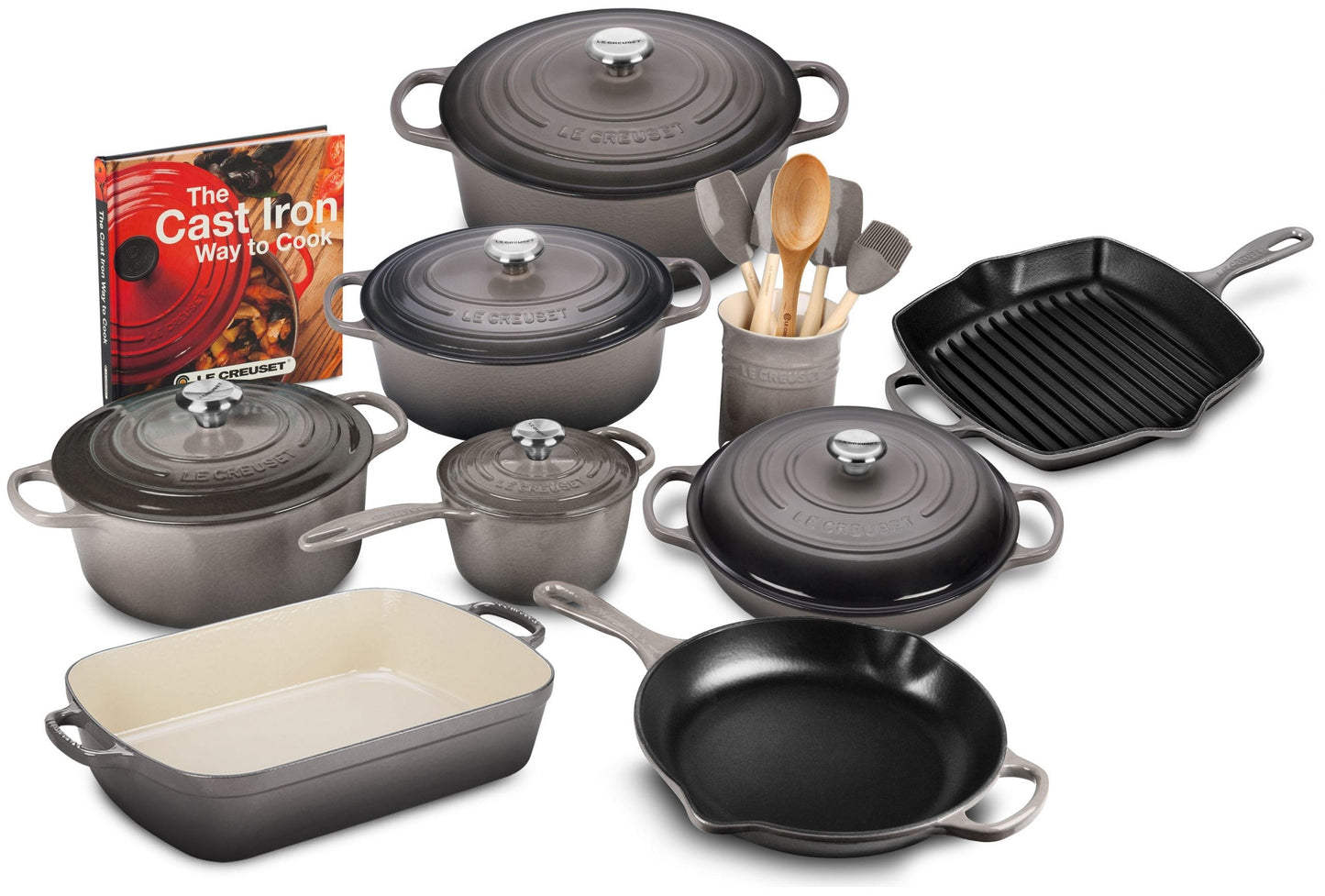 20-piece Signature Cast Iron Cookware Set,10.25′′ Skillet,1.75-quart Saucepan with Lid