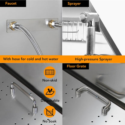 50" Dog Wash Bathtub, Pet Wash Station, Professional Stainless Steel Dog Grooming Tub with Ramp, Faucet, Sprayer, Drain Kit, Right Door