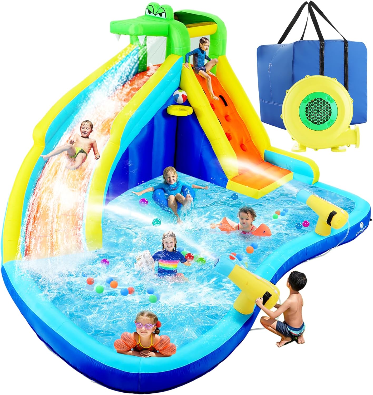 Inflatable Water Slides for Kids 8-in-1 Bounce House Water Park with 450W Blower Climbing Wall, Splash Pool, 2 Water Cannons, Basketball Hoop, Water Slide, Crocodile Sprinkler for Gift Backyard Party