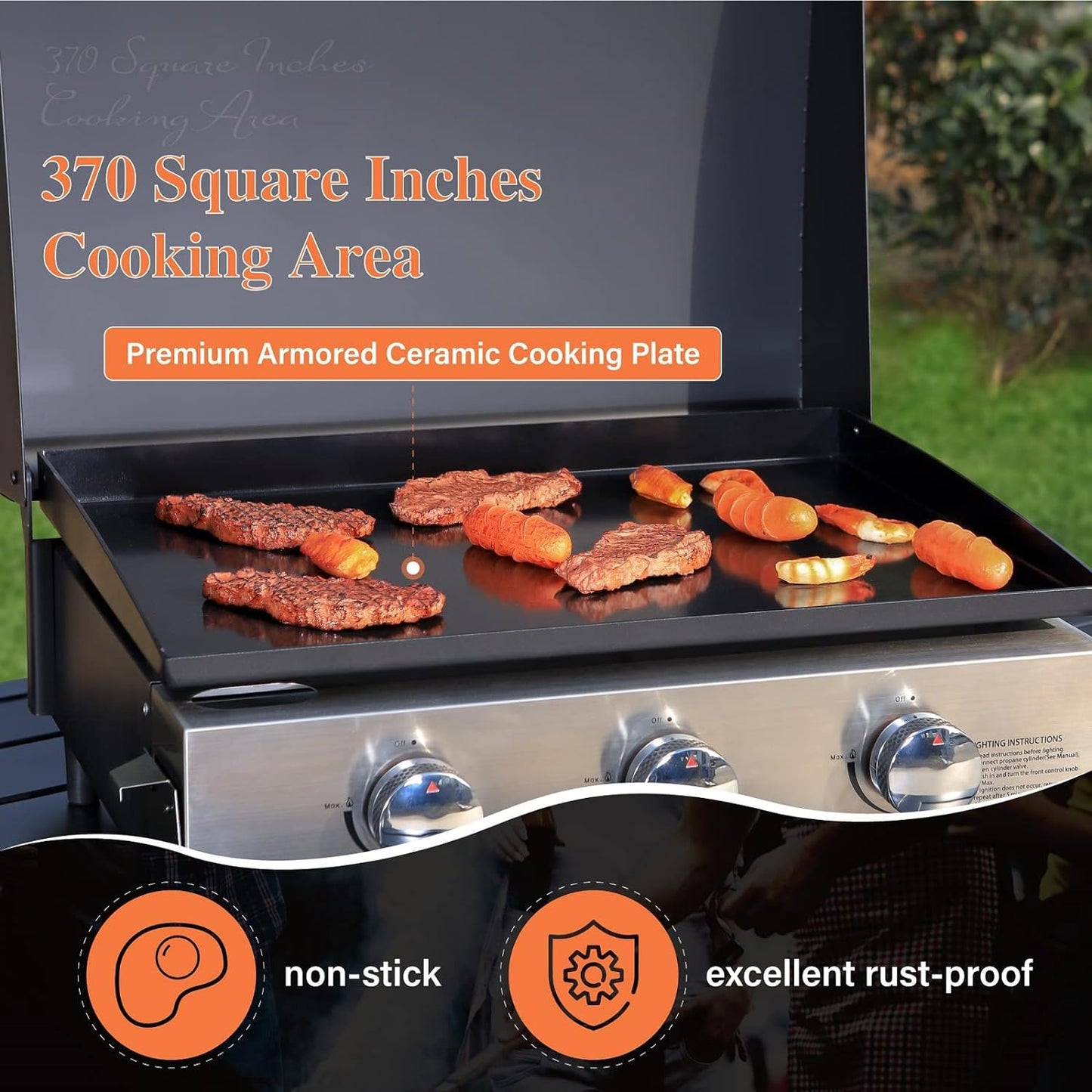 Burner Gas grill with side burner and enameled cast iron grille 42,000BTU outdoor cooking stainless steel propane grill Garden grill, silver