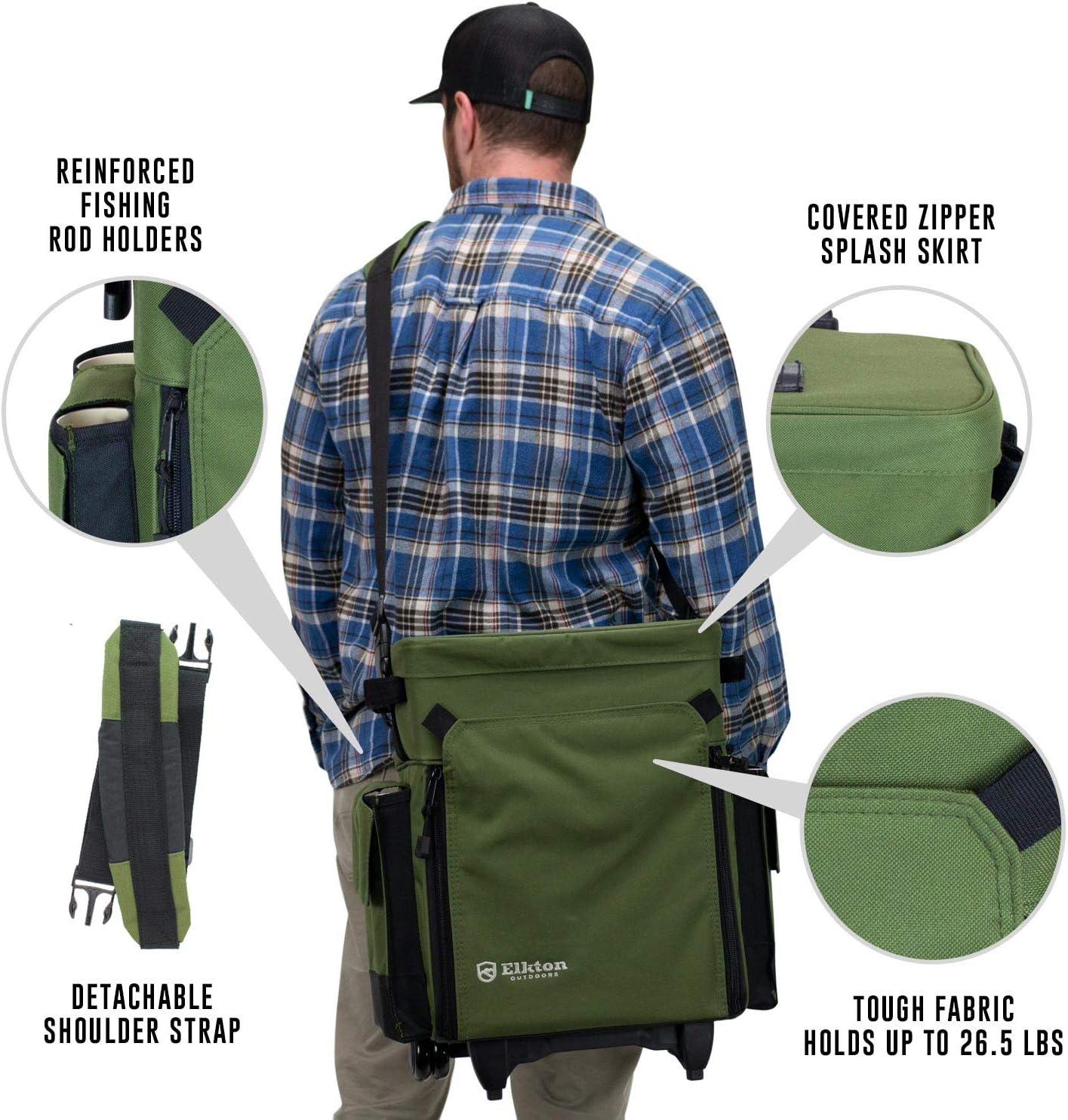 Elkton Outdoors Rolling Tackle Box with Wheels - Waterproof Rolling Fishing Backpack, 5 Removable Tackle Trays, 4 Rod Holders, Fishing Gifts for Men, Fish Tackle Bag, Roller Tackle Box